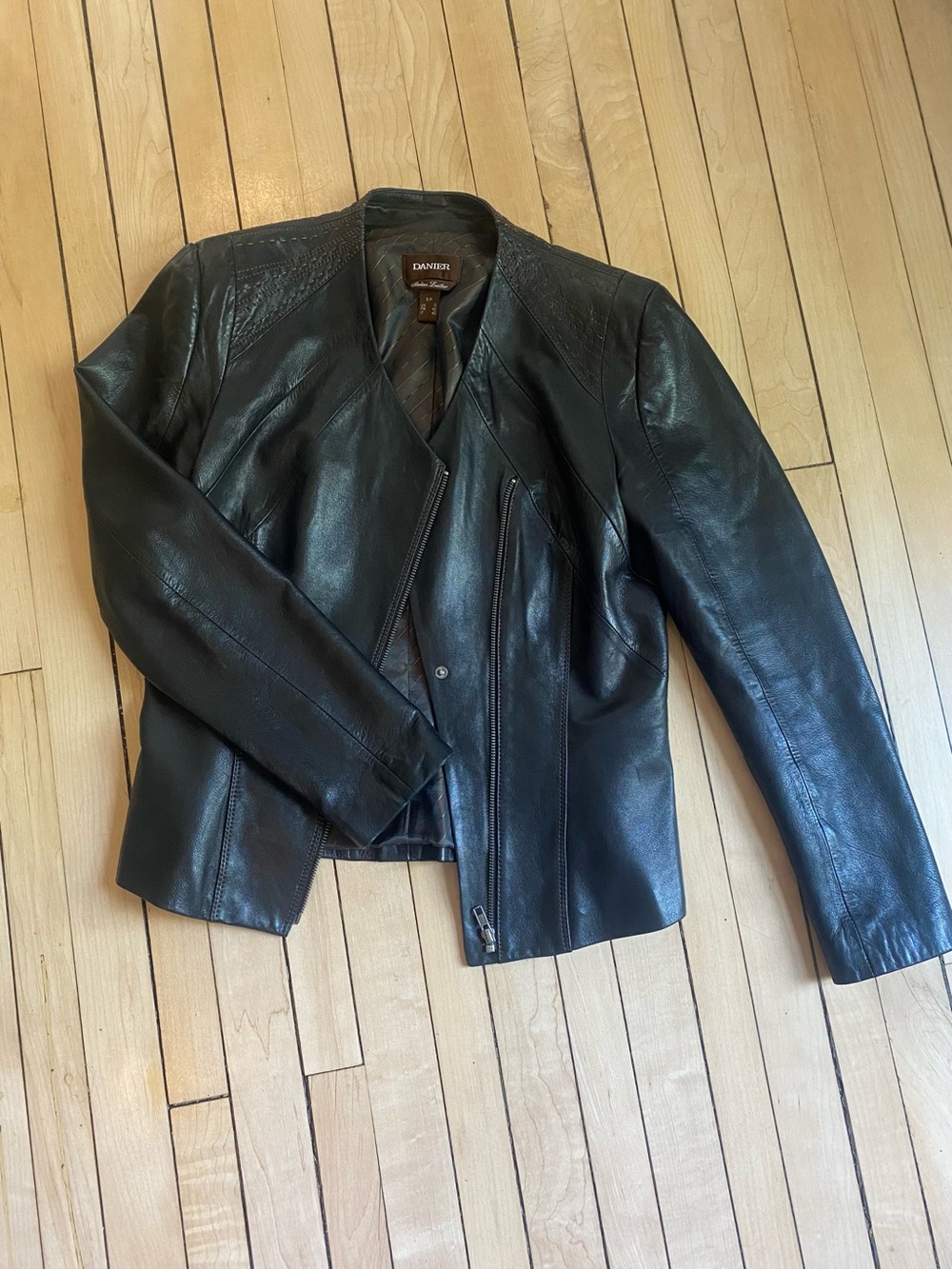 Danier Black Leather Moto Jacket with Contrast Stitch Accents